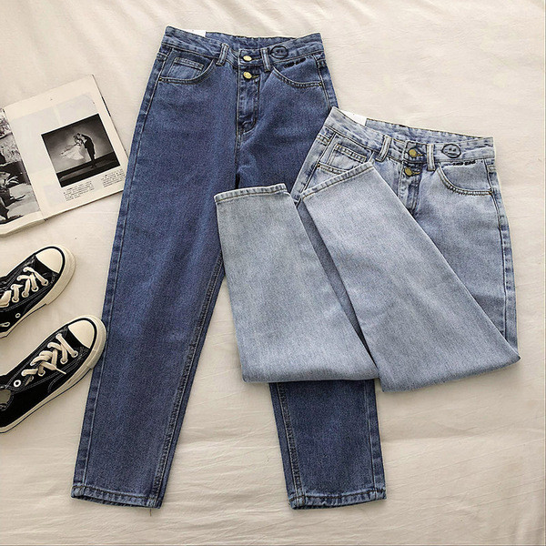 Modernus moteriškas džinsų modelis su aukštu juosmeniu ir siuvinėjimais