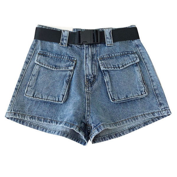 Pantaloni scurți din denim în stil retro, cu talie înaltă și buzunare