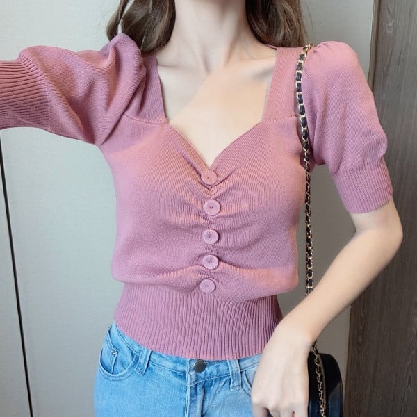 Bluză casual de damă cu nasturi și decolteu în V