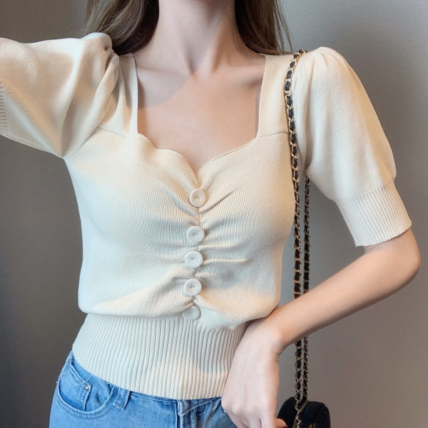 Bluză casual de damă cu nasturi și decolteu în V