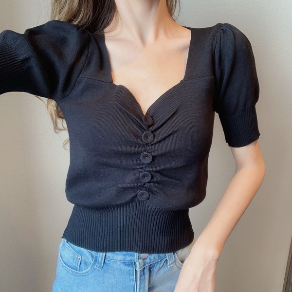 Bluză casual de damă cu nasturi și decolteu în V