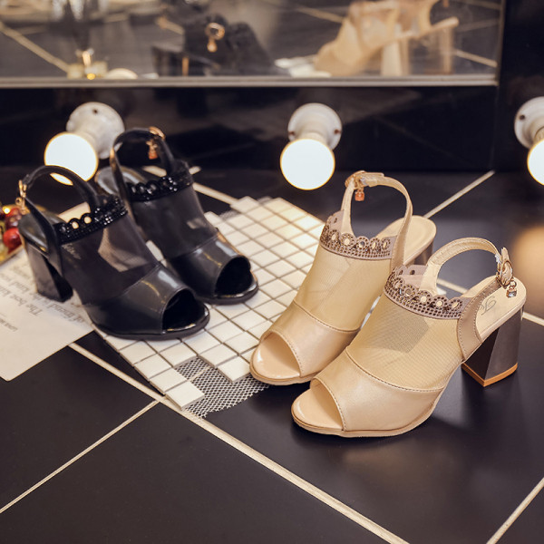 Naiste moodsad võrkelemendi ja paksu kontsaga sandaalid