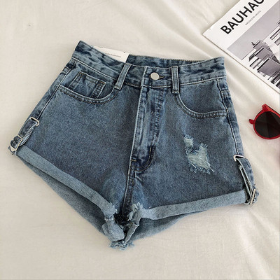 Įprasti džinsiniai šortai su plėšytais motyvais ir aukštu juosmeniu