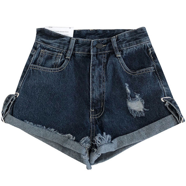 Įprasti džinsiniai šortai su plėšytais motyvais ir aukštu juosmeniu