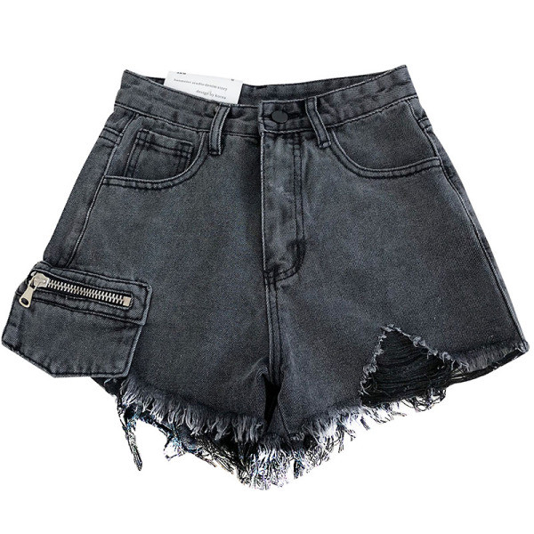 Model nou de pantaloni scurti de dama cu talie inalta, buzunare si motive rupte