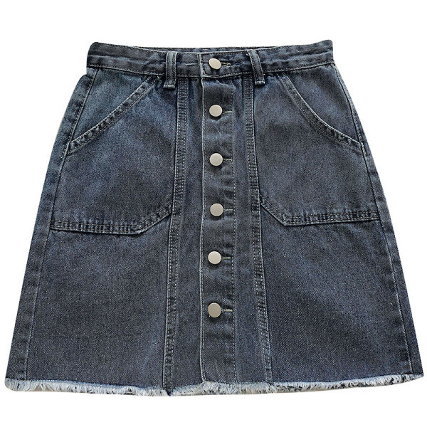 Női farmerszoknya magas derékkal, zsebekkel és gombokkal