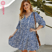 Ежедневна дамска къса рокля с връзки и дълъг ръкав 