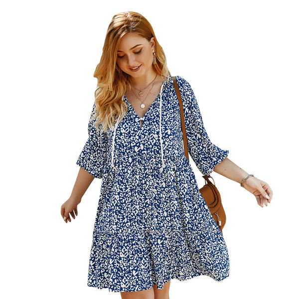 Ежедневна дамска къса рокля с връзки и дълъг ръкав 