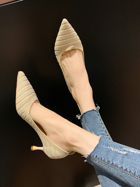 Pantofi moderni de dama din material textil cu toc subtire - model ascutit