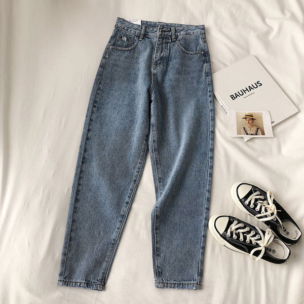 Ikdienas sieviešu džinsu bikses retro stila platā modelī ar augstu vidukli