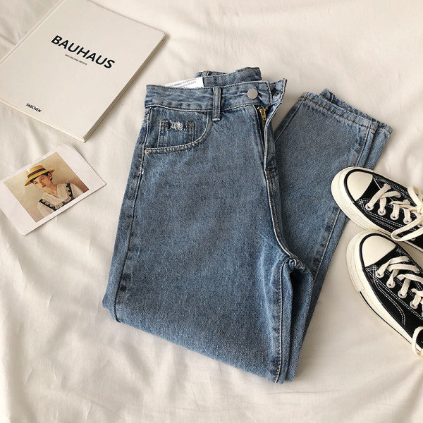 Ikdienas sieviešu džinsu bikses retro stila platā modelī ar augstu vidukli