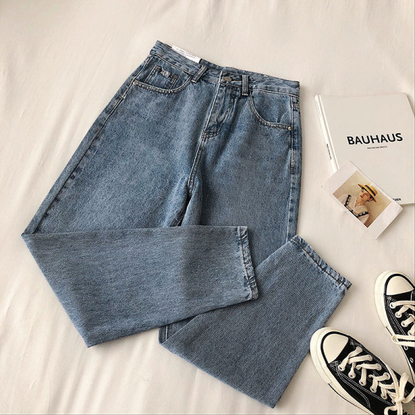 Ikdienas sieviešu džinsu bikses retro stila platā modelī ar augstu vidukli