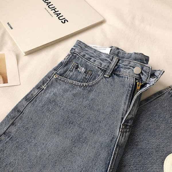 Ikdienas sieviešu džinsu bikses retro stila platā modelī ar augstu vidukli