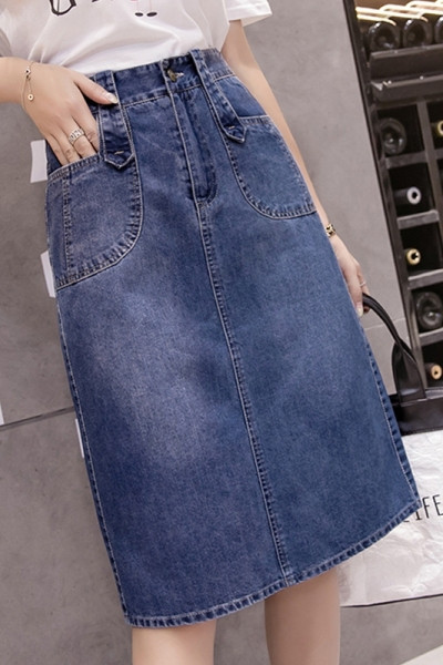 Fusta de dama casual din denim cu talie inalta si buzunare