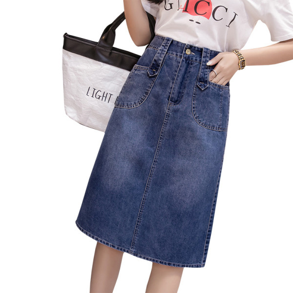 Fusta de dama casual din denim cu talie inalta si buzunare