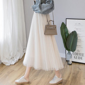 Laisvas moteriškas ilgas tiulio sijonas aukštu juosmeniu