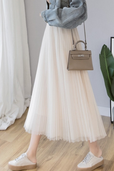 Laisvas moteriškas ilgas tiulio sijonas aukštu juosmeniu