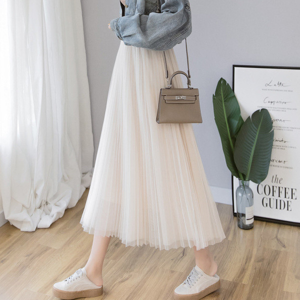 Laisvas moteriškas ilgas tiulio sijonas aukštu juosmeniu