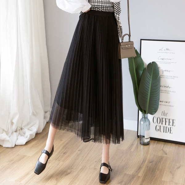 Laisvas moteriškas ilgas tiulio sijonas aukštu juosmeniu