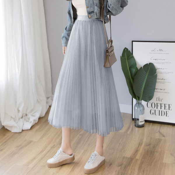 Laisvas moteriškas ilgas tiulio sijonas aukštu juosmeniu