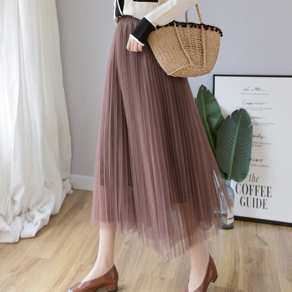 Laisvas moteriškas ilgas tiulio sijonas aukštu juosmeniu