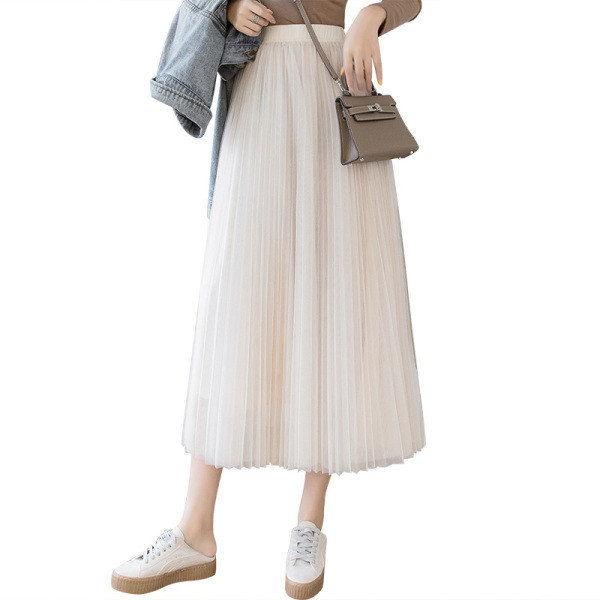 Laisvas moteriškas ilgas tiulio sijonas aukštu juosmeniu