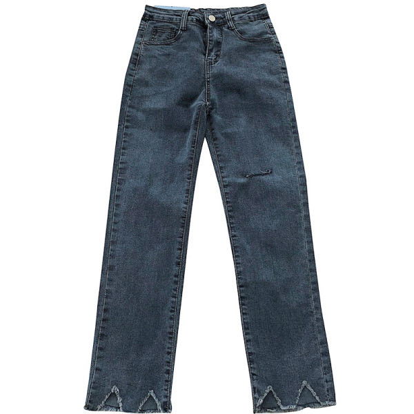 Kõrge vöökoha ja rebenenud motiividega vabaaja teksapükste sirge mudel