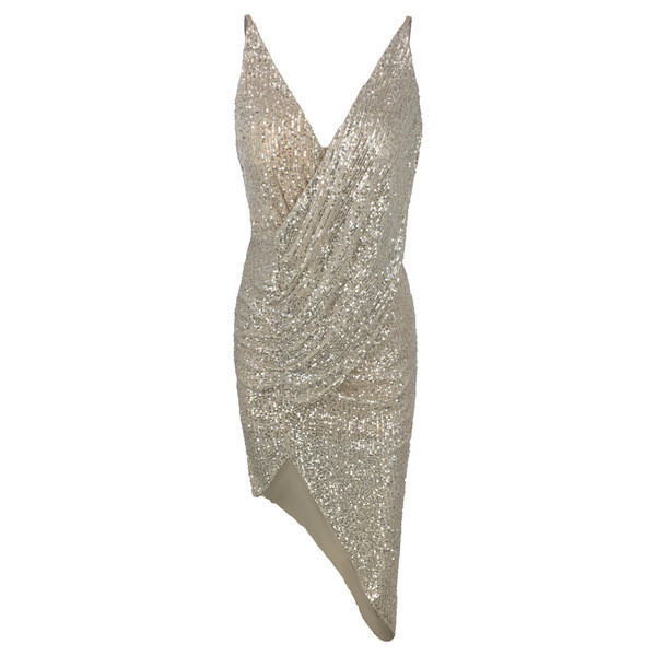 Elegáns női ruha, aszimmetrikus modell flitterekkel és mély nyakkivágással