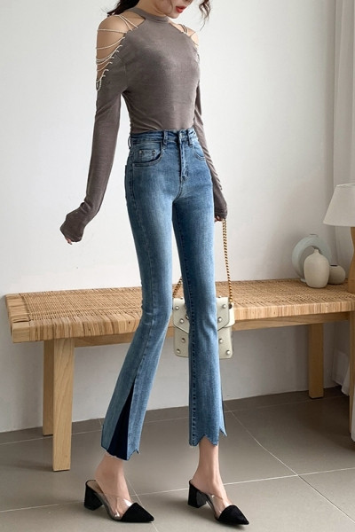 Blugi retro dama cu talie inalta si motive rupte