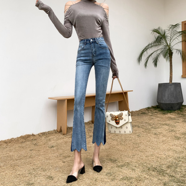 Blugi retro dama cu talie inalta si motive rupte