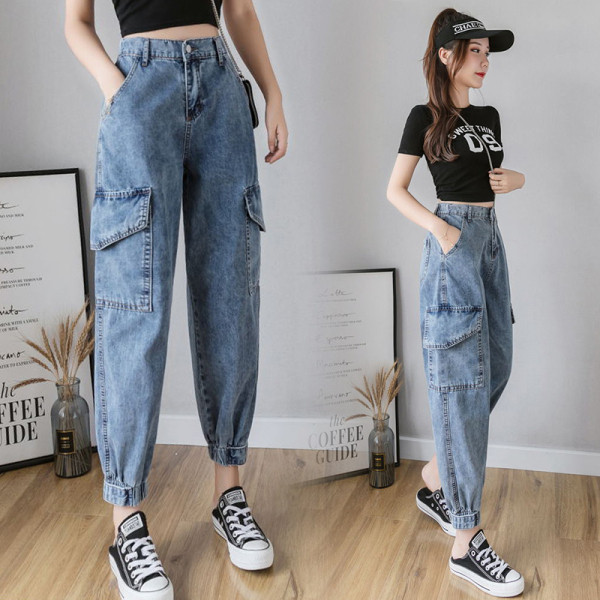 Moteriški laisvalaikio ilgi džinsai aukštu juosmeniu ir tamprėmis kulkšnies srityje