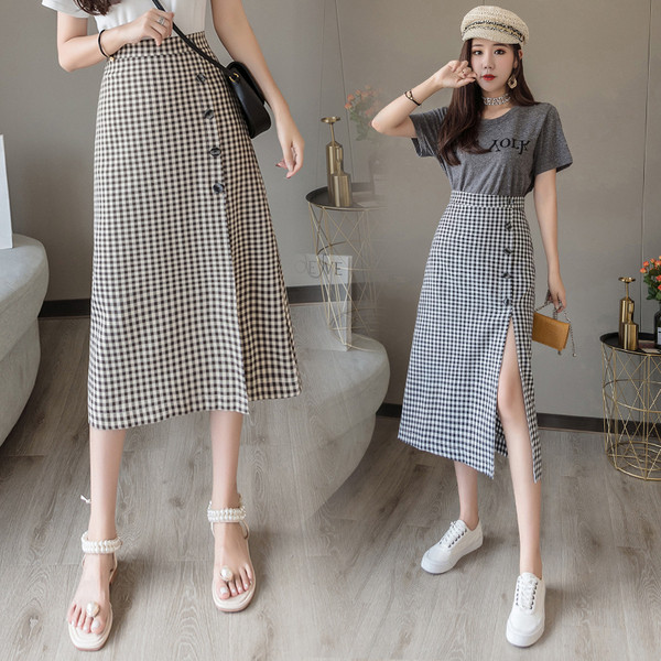 Modern női kockás szoknya hasítékkal, magas derékkal