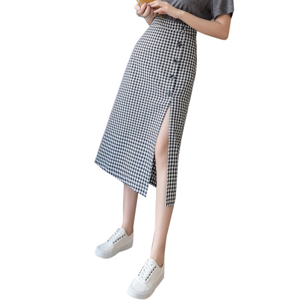 Modern női kockás szoknya hasítékkal, magas derékkal