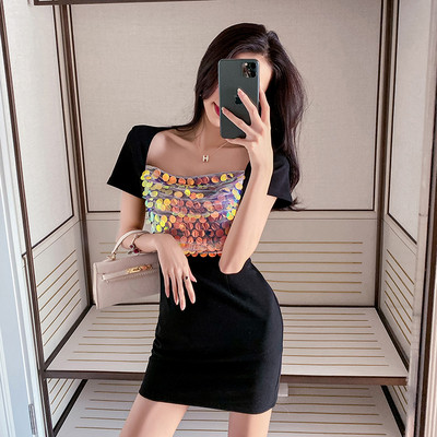 Rochie neagra de dama cu maneci scurte si paiete