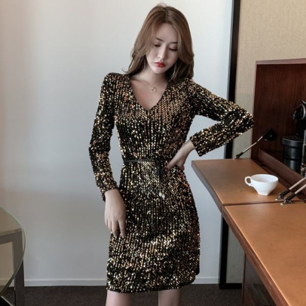 Rochie moderna de dama cu paiete si decolteu in V