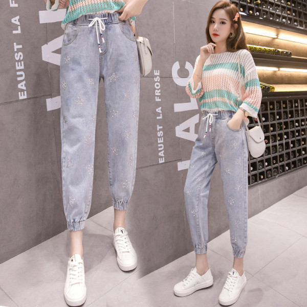 Ženske ležerne duge traperice s elastičnim strukom i kamenčićima