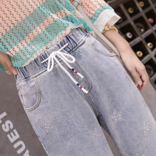 Ženske ležerne duge traperice s elastičnim strukom i kamenčićima