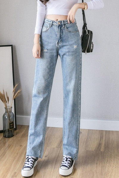 Blugi lungi casual de dama cu talie inalta si motiv rupt - model drept