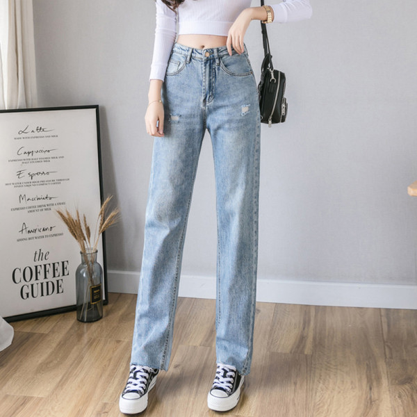 Blugi lungi casual de dama cu talie inalta si motiv rupt - model drept