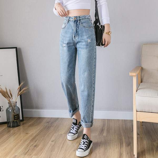 Blugi lungi casual de dama cu talie inalta si motiv rupt - model drept