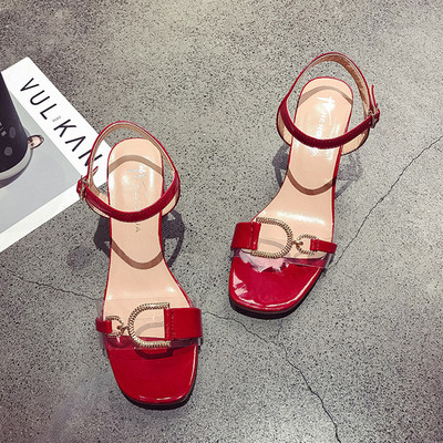 Sandale de dama cu element metalic si toc patrat