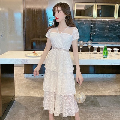 Rochie lunga de dama cu maneci scurte si dantela