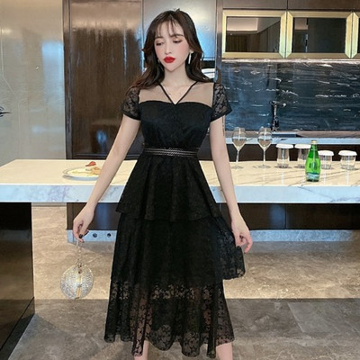 Rochie lunga de dama cu maneci scurte si dantela