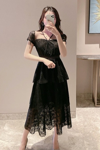 Rochie lunga de dama cu maneci scurte si dantela