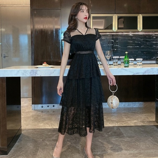 Rochie lunga de dama cu maneci scurte si dantela