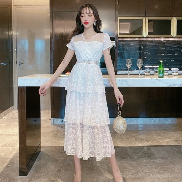 Rochie lunga de dama cu maneci scurte si dantela