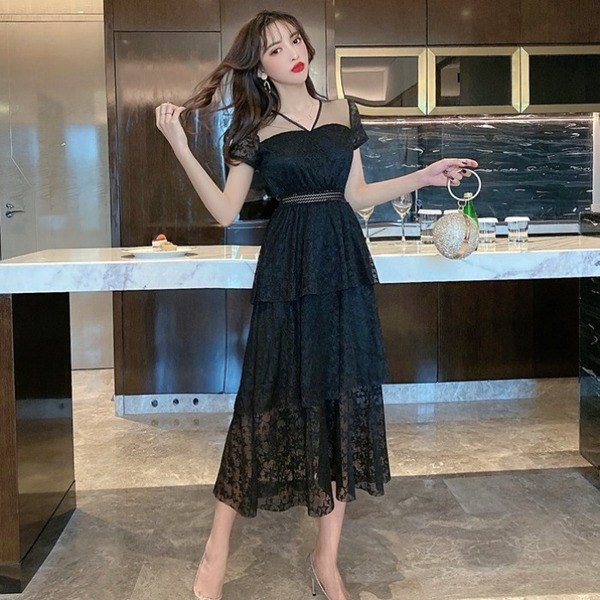 Rochie lunga de dama cu maneci scurte si dantela