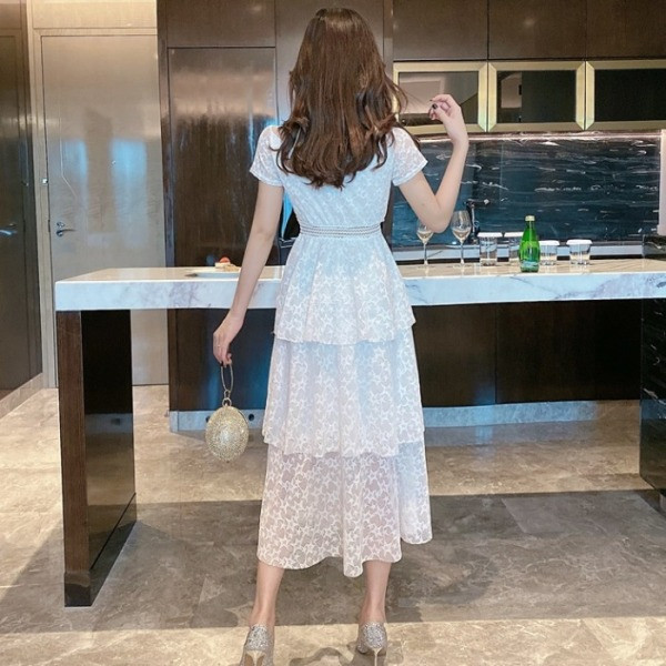 Rochie lunga de dama cu maneci scurte si dantela