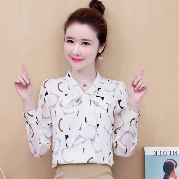 Modernūs moteriški marškiniai su geometriniu raštu ir šifoniniais kaklaraiščiais