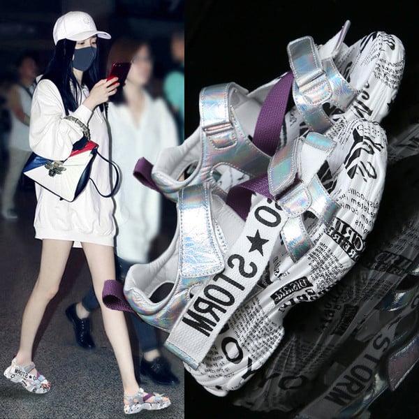 Sandale de dama moderne cu talpa inalta colorata si velcro